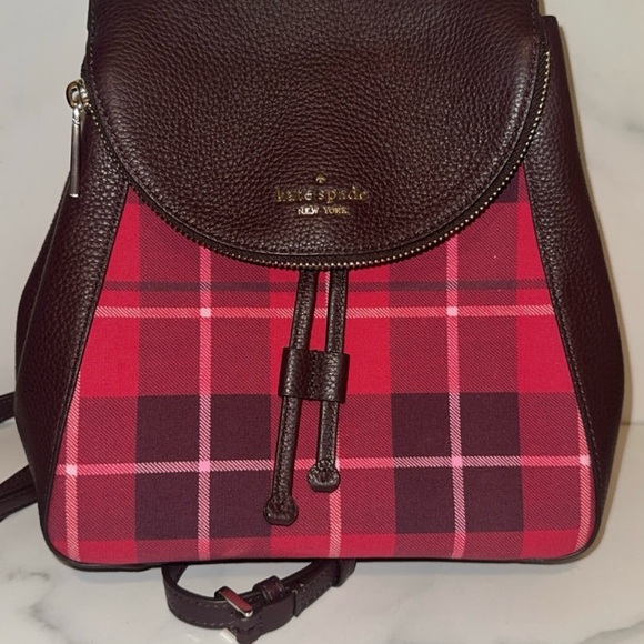 Kate Spade Leila Red Plaid Medium Flap Backpack Leather - Picture 6 of 6